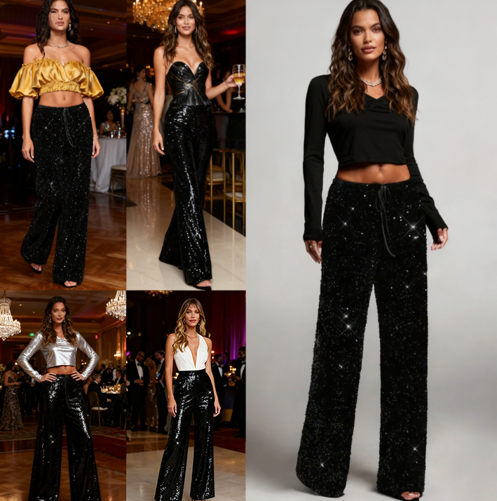 Pantalon à sequins scintillants Kuschelwohl® (jambes larges) – Élastique, toucher cachemire et véritable laine | 🎄 Grande vente de Noël