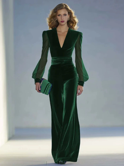 Kuschelwohl™ Samt-Jumpsuit mit Mesh & V-Ausschnitt – Blau (Exklusiver Weihnachts-Sale 🎄)