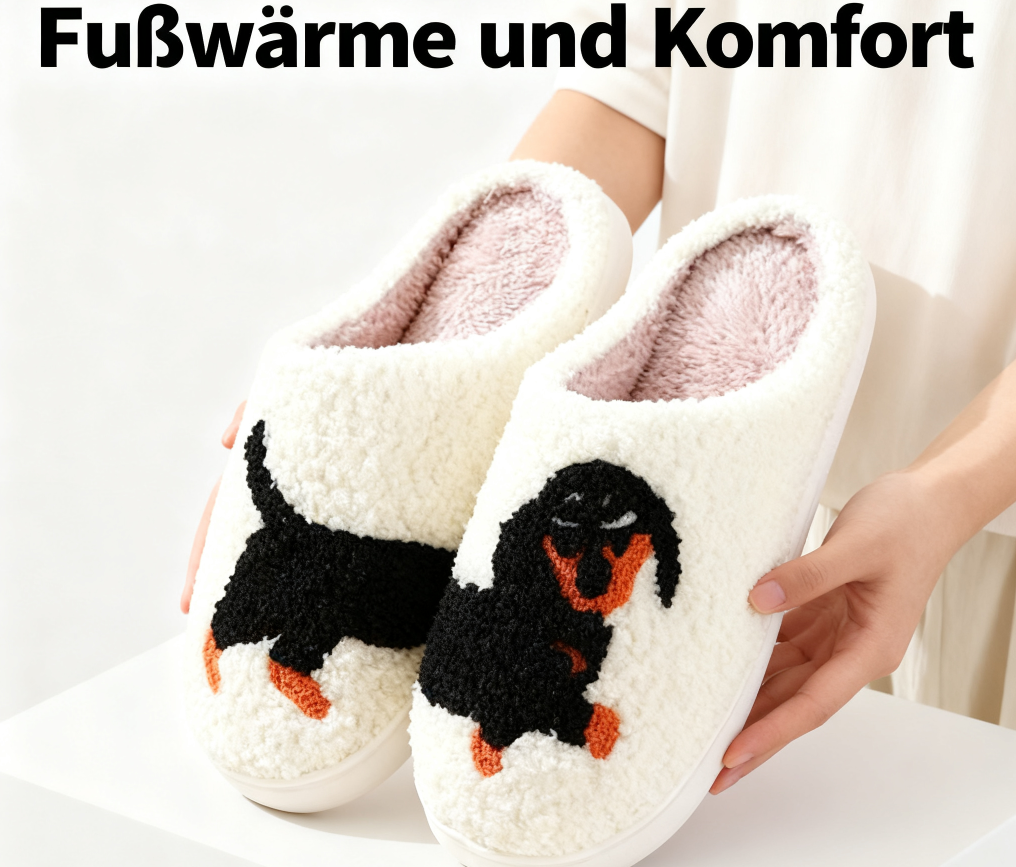 Pantoffeln 🐶 – Flauschige Winter-Hausschuhe mit Dackel-Stickerei, Memory-Foam & Anti-Rutsch-Sohle ❄️