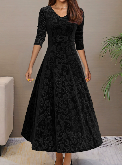 Robe longue élégante en velours avec bordure en dentelle et patte de boutonnage (style vintage) – 🎄 Offre exclusive de Noël