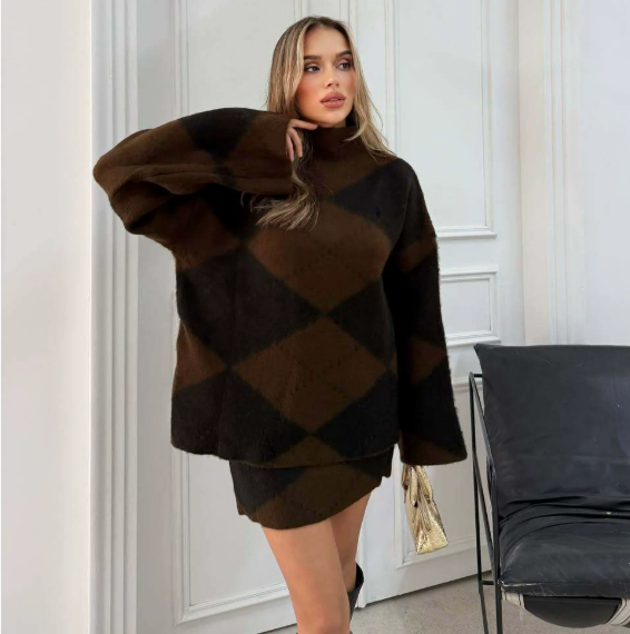 Ensemble 2 pièces en maille à motif losanges Cozy Comfort™ (pull et jupe) – 🎄 Offre spéciale Noël