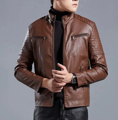 🔥 Zeitlich begrenztes Angebot 🔥 Herren-Biker-Lederjacke mit Stehkragen