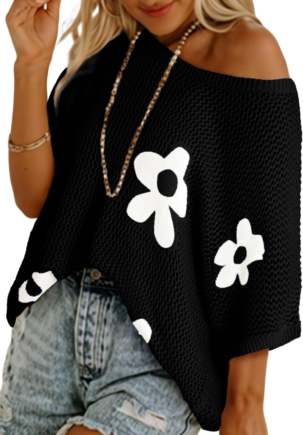 ⏰Heißer Verkauf – Niedliche Damen-Tops mit Blumenmuster, kurzärmelig, gehäkelt, leichter Pullover