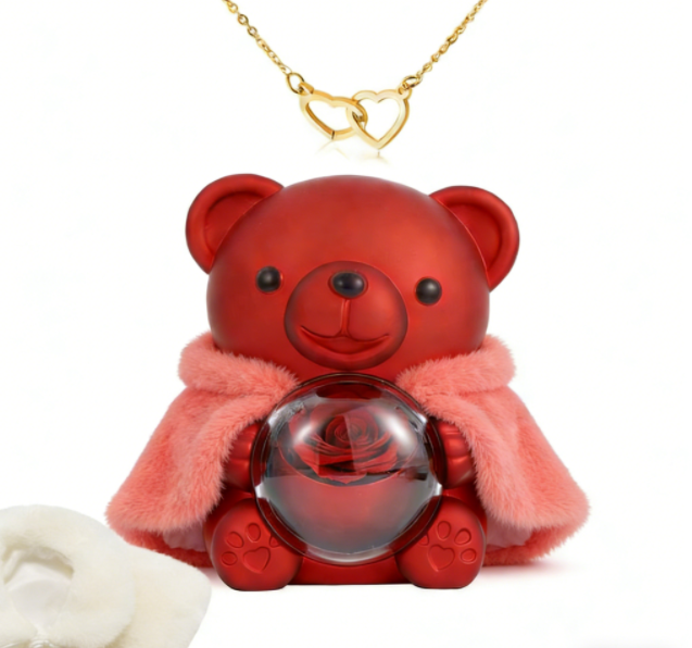 💝 50% RABATT! 🌹 Niedliches Teddybär-Set mit konservierter Rose – Komplettset (Halskette, Ewige Rose, Bär), Einzigartiges Geschenk & Romantisch 🧸