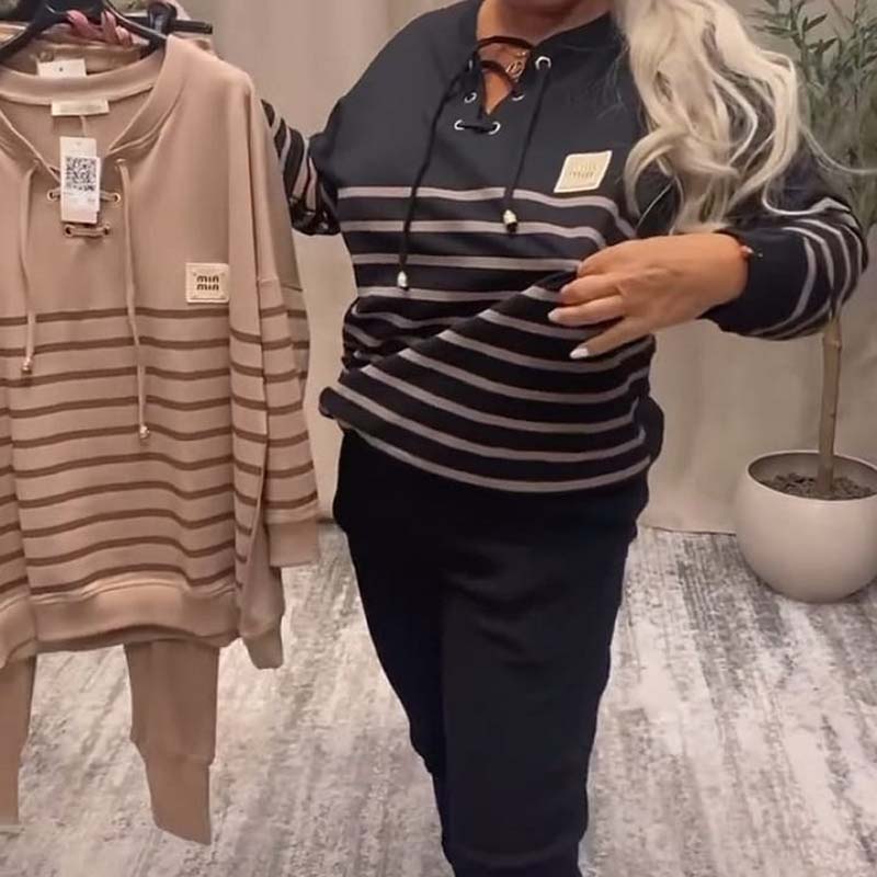 ✨ Lässiges Set aus gestreiftem Oberteil und knöchellanger Hose – Hose mit hoher Taille zum Abnehmen, vielseitig für den Alltag/Besorgungen/Lounge