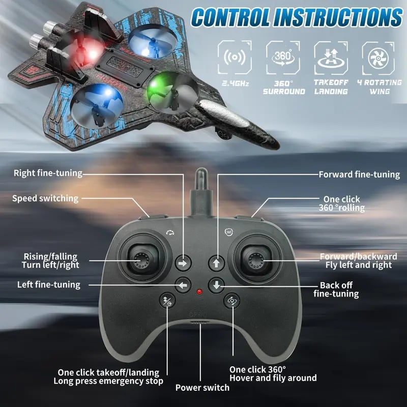 49 % de réduction cette semaine ! 🎉🎉 Avion de chasse acrobatique télécommandé pour enfants avec flips à 360° et lumières LED