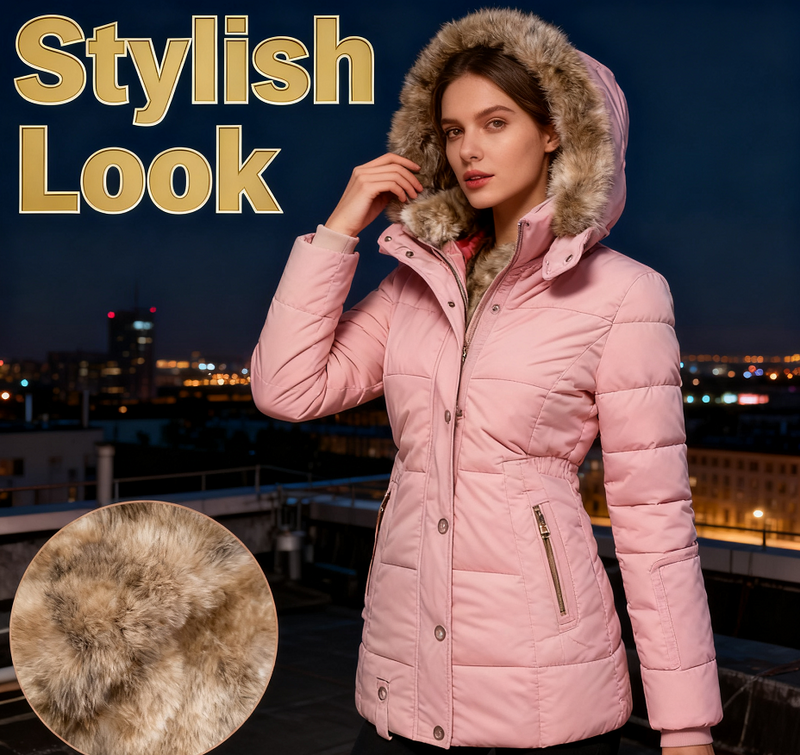 🧥❄️ Veste matelassée thermique confortable pour femme avec capuche en fausse fourrure – Chaude, coupe-vent et déperlante