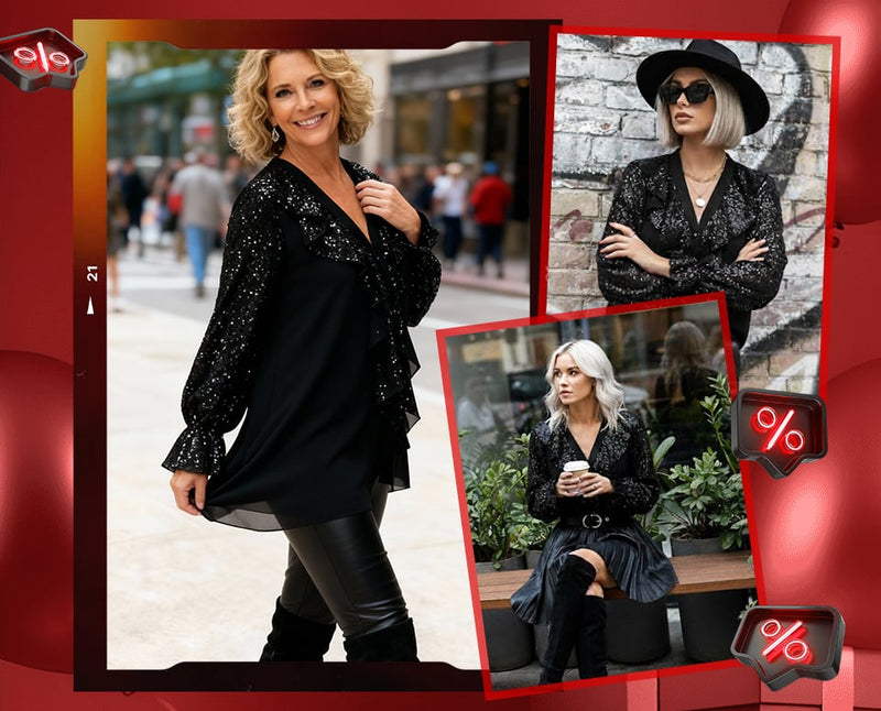🎅 Festliche Vorratssale💥💃Langärmliges Chiffon-Shirt mit V-Ausschnitt und Pailletten für Damen🎁