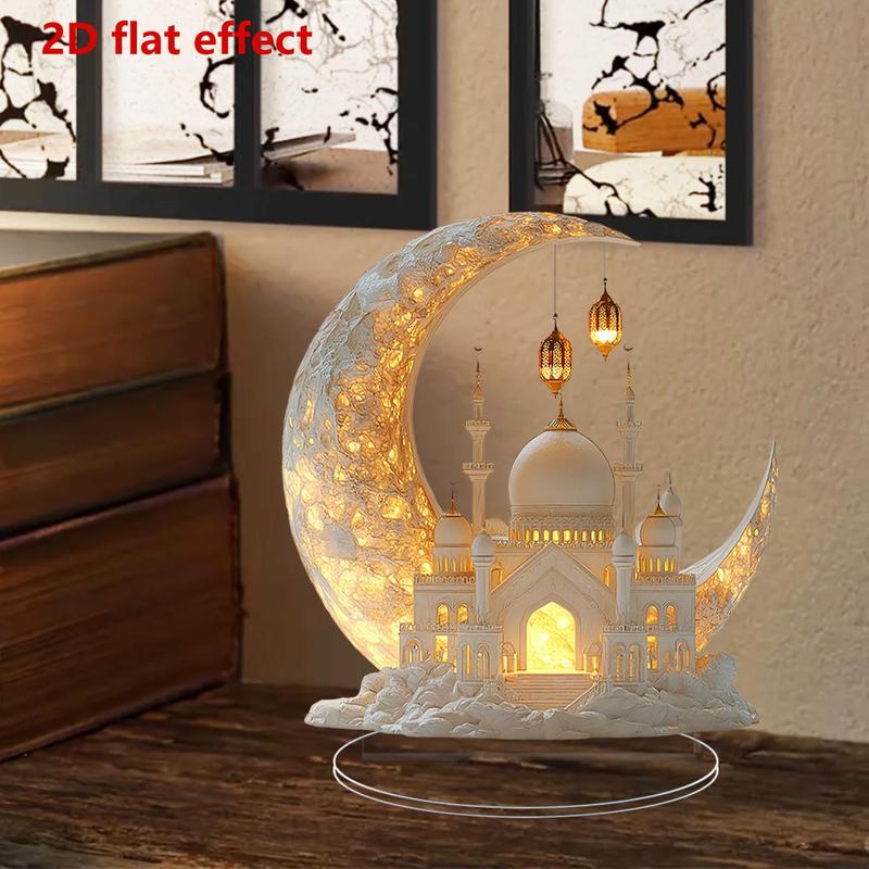 Tischdekoration mit Ramadan-Moscheemotiv und Sockel, 1 Stück, 2D-Acryl-Tischornament mit flacher Optik, multifunktionale Dekoration für Esstisch, Büro oder Schreibtisch im Studentenwohnheim.