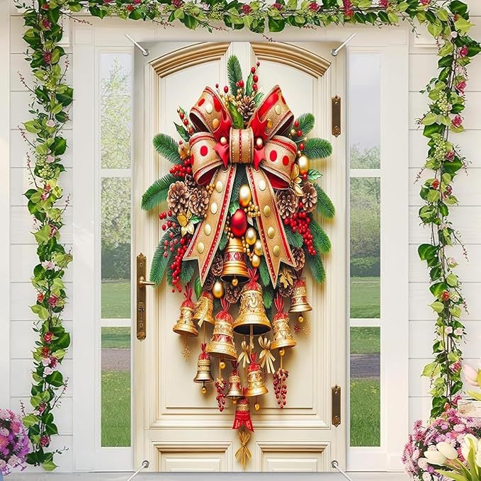 49 % de réduction cette semaine ! 🎉🎉 Décoration de porte avec cloches de Noël dorées et couronne 