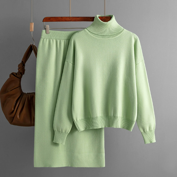 Ensemble deux pièces en maille, élégant, confortable et douillet (col roulé et jupe) – Grande vente de Noël 🎄 