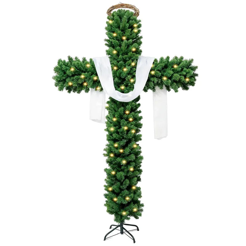 Sapin de Noël illuminé avec croix, guirlande lumineuse, écharpe blanche et couronne d'épines | Remise de Noël jusqu'à -40 % | 