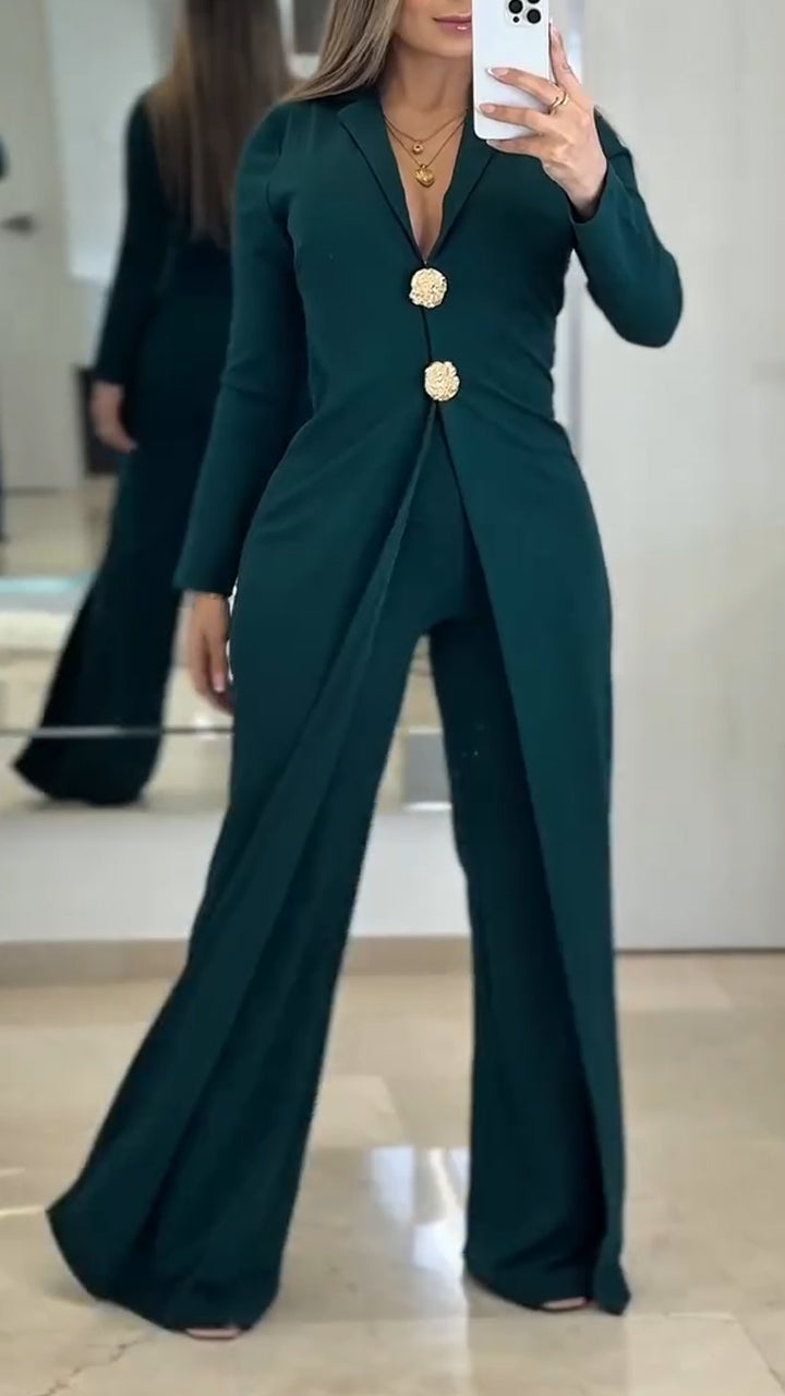 Ensemble de loisirs pour femme avec haut long et pantalon, col à revers 