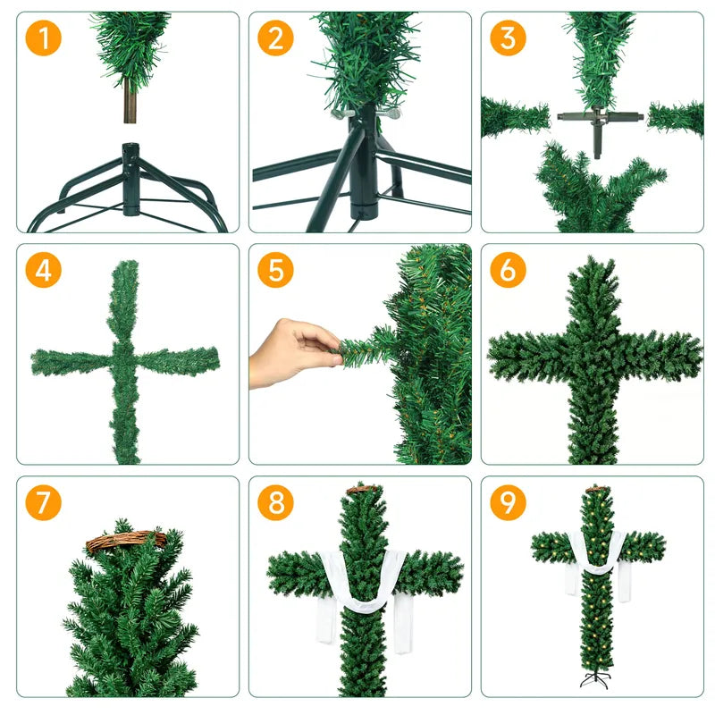 Sapin de Noël illuminé avec croix, guirlande lumineuse, écharpe blanche et couronne d'épines | Remise de Noël jusqu'à -40 % | 