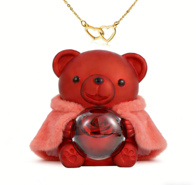 💝 50% RABATT! 🌹 Niedliches Teddybär-Set mit konservierter Rose – Komplettset (Halskette, Ewige Rose, Bär), Einzigartiges Geschenk & Romantisch 🧸
