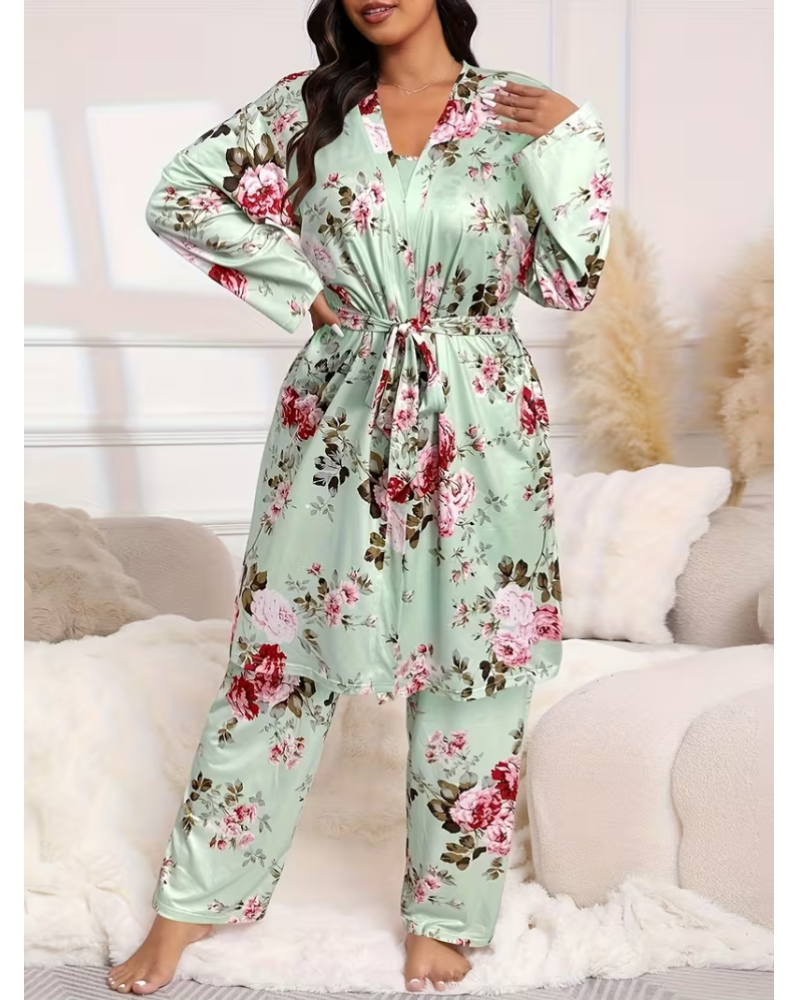 Bequemes 3-teiliges Pyjama-Set – Bademantel, Spaghettiträger-Top und lange Hose