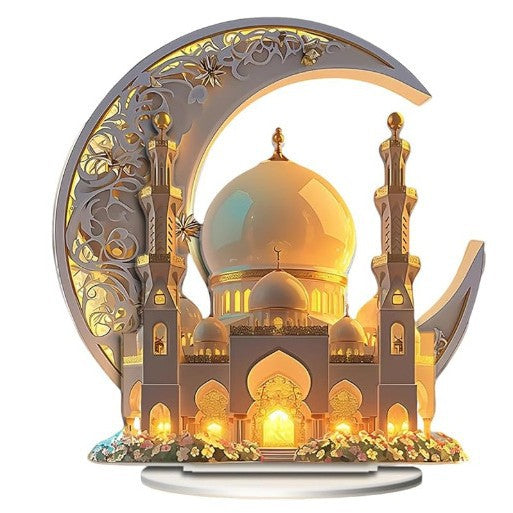 Tischdekoration mit Ramadan-Moscheemotiv und Sockel, 1 Stück, 2D-Acryl-Tischornament mit flacher Optik, multifunktionale Dekoration für Esstisch, Büro oder Schreibtisch im Studentenwohnheim.