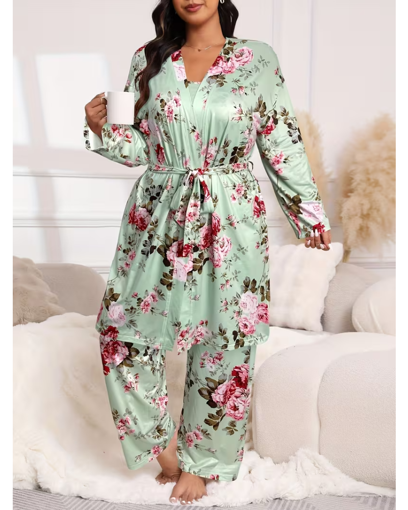 Bequemes 3-teiliges Pyjama-Set – Bademantel, Spaghettiträger-Top und lange Hose
