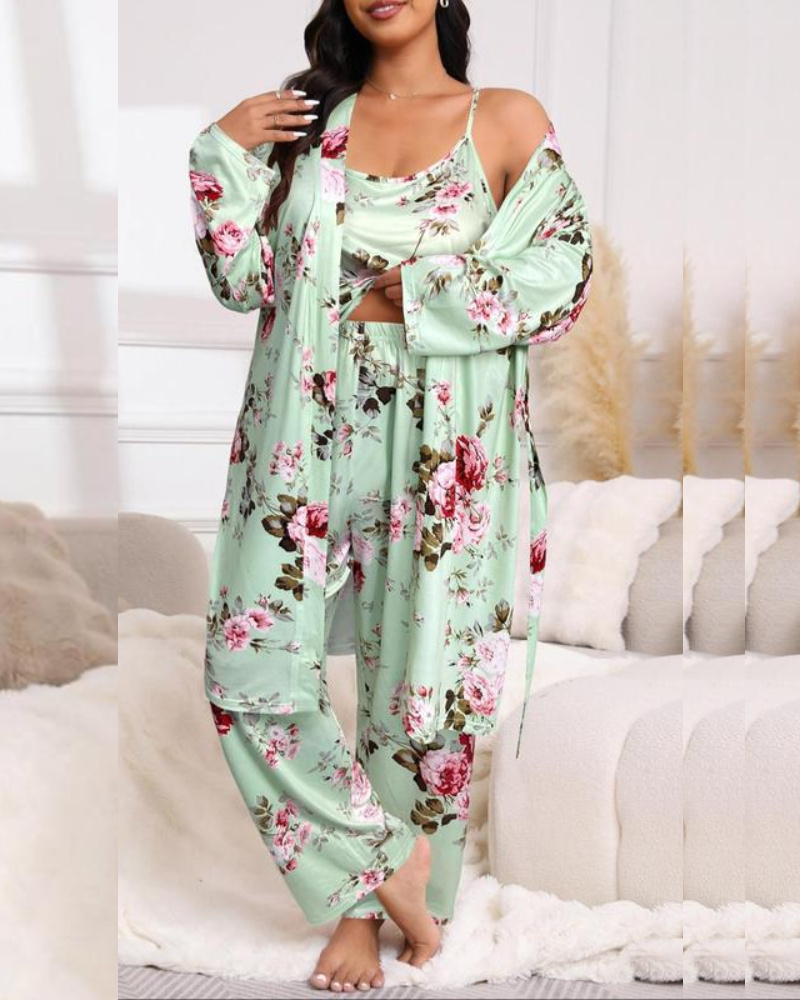 Bequemes 3-teiliges Pyjama-Set – Bademantel, Spaghettiträger-Top und lange Hose