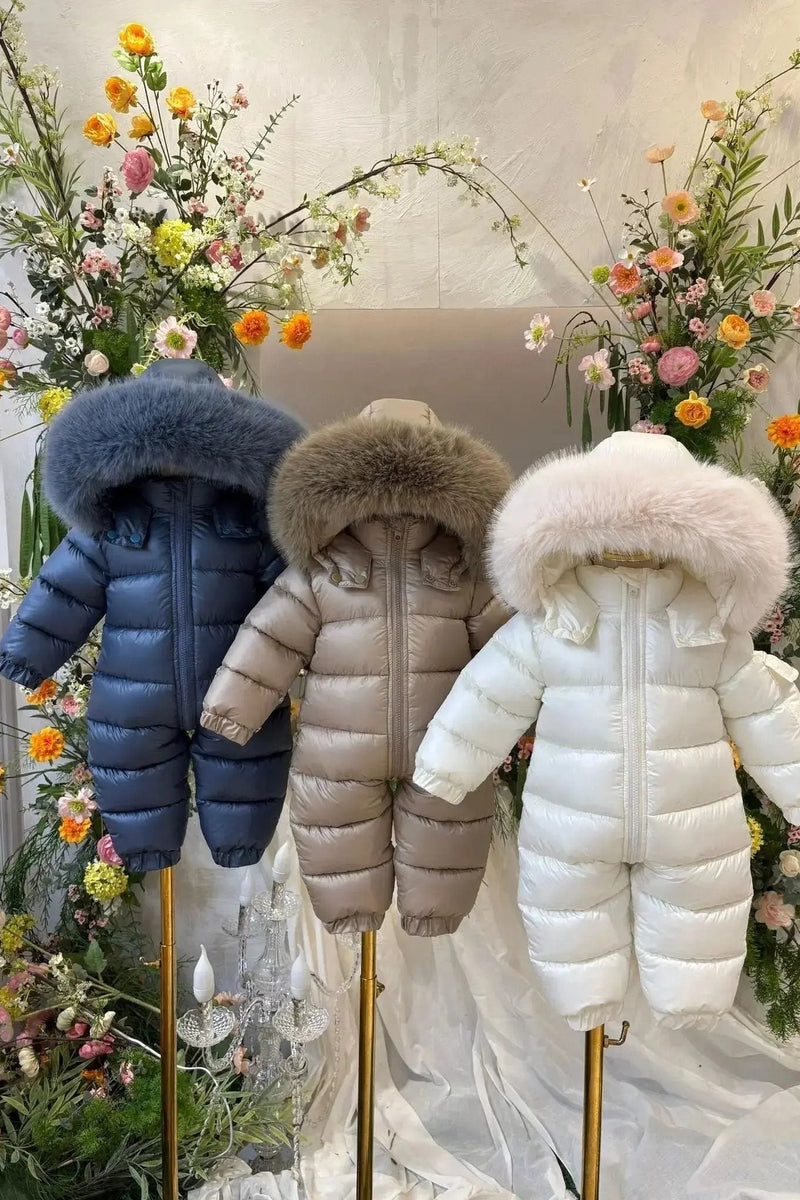 Combinaison de neige bébé douillette avec capuche en fourrure amovible – Crème, réduction de Noël 🎄