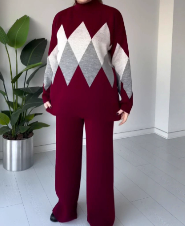 🖤🧶 Kuschelwohl Damen Strick-Set mit Argyle – Oversize Pullover + weite Hose | weich, warm & figurschmeichelnd