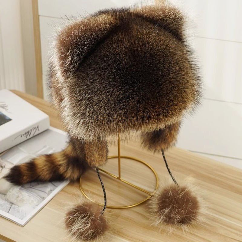 🎁✨Offre spéciale🔥Chapeau en fausse fourrure avec queue de raton laveur, adorable pour parents et enfants
