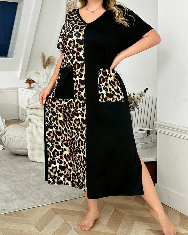 Kuschelwohl Maxikleid in großen Größen – Leo-Print, V-Ausschnitt