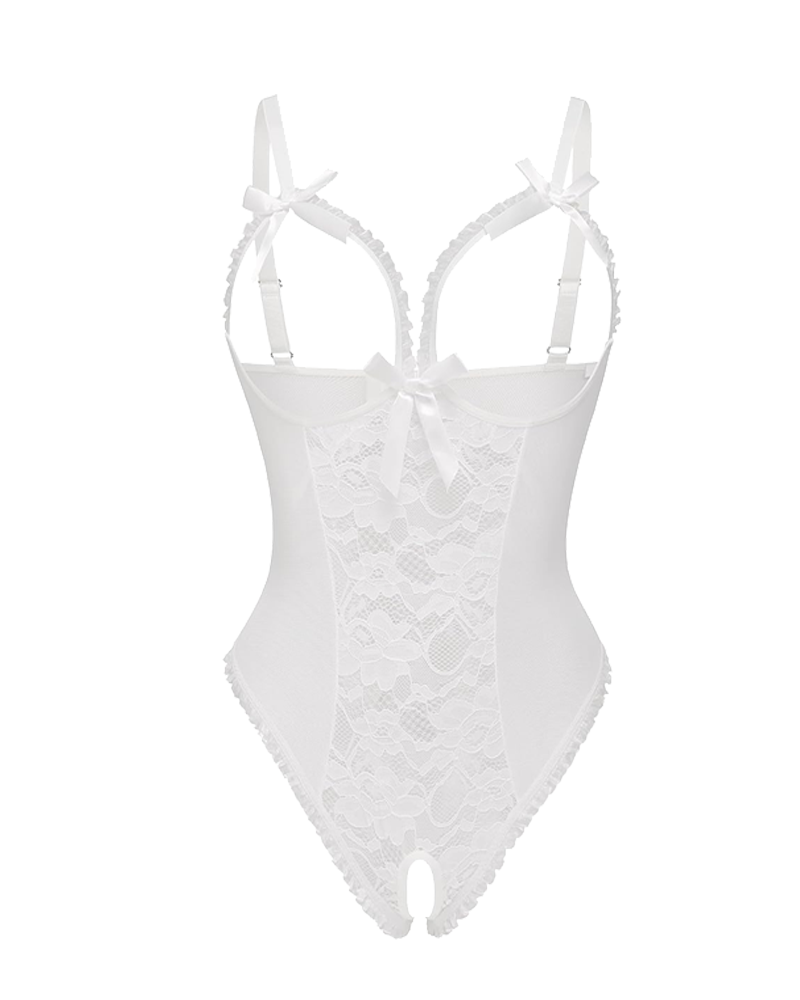 Sexy Einteiler-Pyjama mit Blumenmuster, Netzstickerei am Dekolleté und offenem Schritt