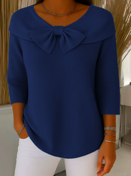 🎀🧶 Kuschelwohl Damen Strickpullover mit großer Schleife – V-Ausschnitt, weich & feminin