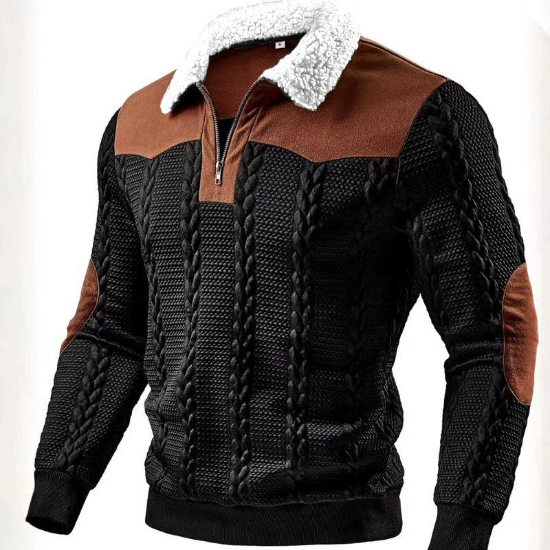 Herren-Pullover mit halbem Reißverschluss, Zopfmuster und Kontrastfarben