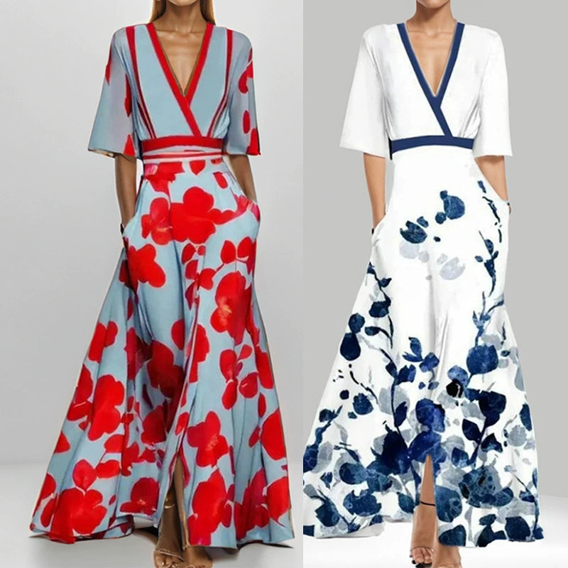 Kuschelwohl 2026 Frühlingskleid – Elegantes V-Ausschnitt Kleid mit Print, Bindegürtel & weitem Rock (Jetzt im Angebot)