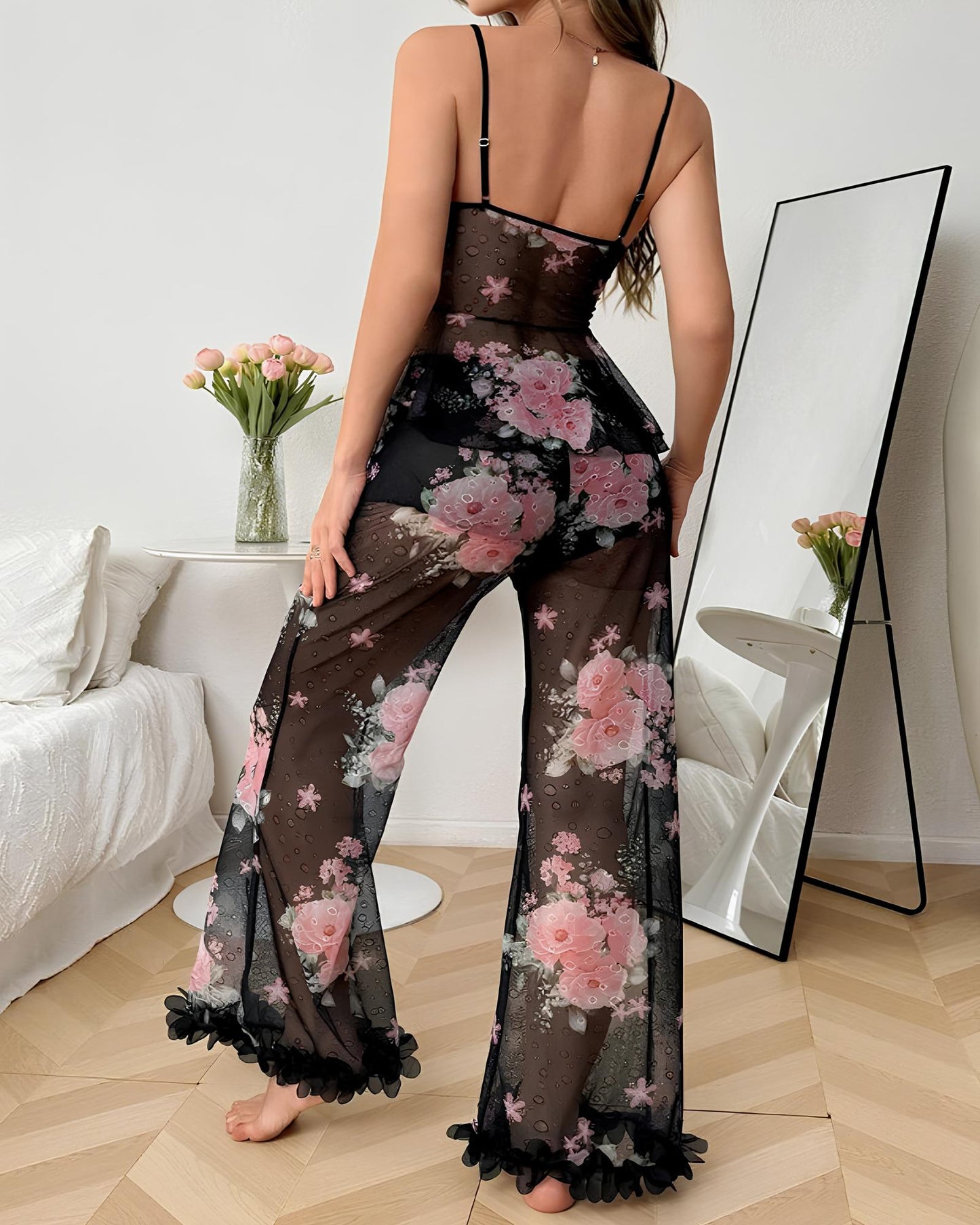 Sexy Pyjama-Set aus geblümtem, durchsichtigem Rüschen-Camisole und Hose aus Mesh
