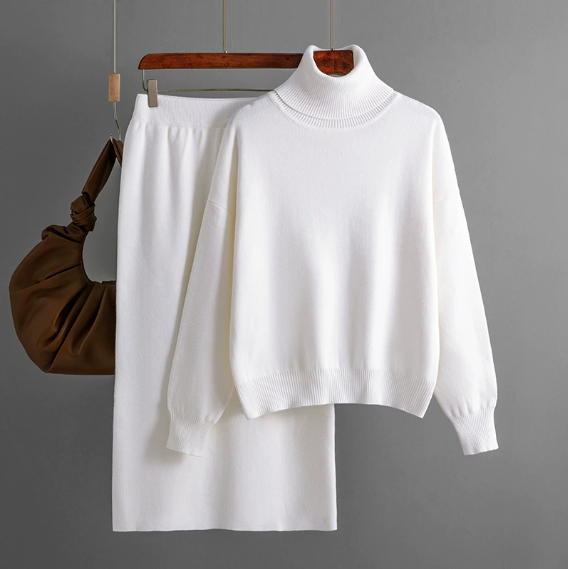 Ensemble deux pièces en maille, élégant, confortable et douillet (col roulé et jupe) – Grande vente de Noël 🎄 