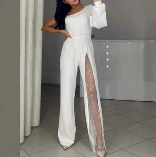 Combinaison pour femme en mélange de coton, décolleté épaules dénudées et fente haute 