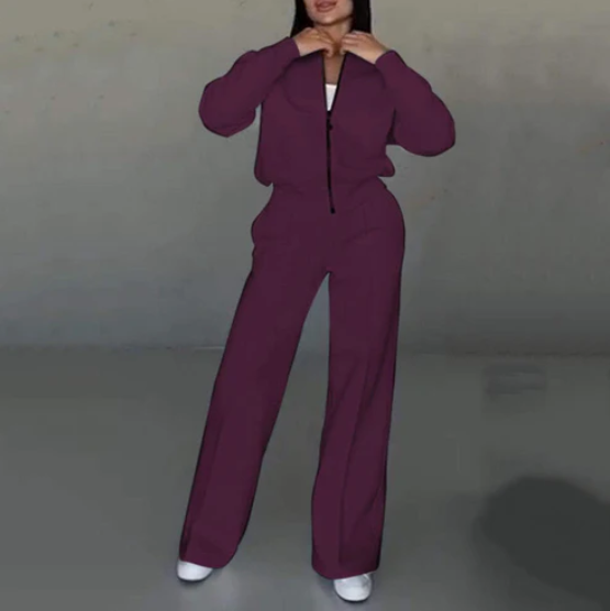 Ensemble deux pièces pour femme, coupe décontractée – Veste zippée et pantalon à jambes larges – 49 % de réduction ! 
