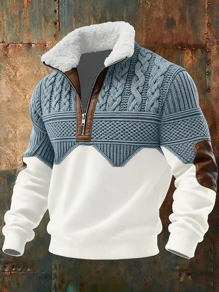 Herren-Pullover mit halbem Reißverschluss, Zopfmuster und Kontrastfarben