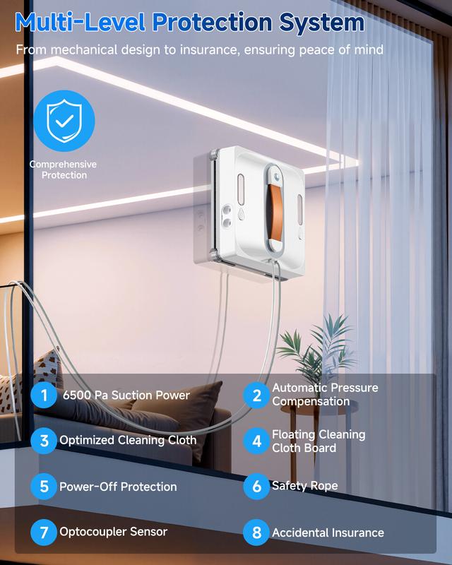 Automatischer Fenster- und Glasreinigungsroboter, ausgestattet mit einem vierstufigen Wassersprühsystem, achtstufigem Sicherheitsschutz, kollisionsresistenter Kantenerkennung und intelligenter Routenplanungsfunktion.
