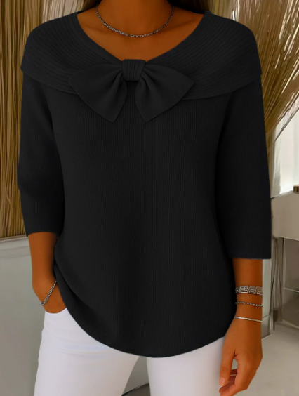 🎀🧶 Pull en maille douillet pour femme avec grand nœud – Col V, doux et féminin 
