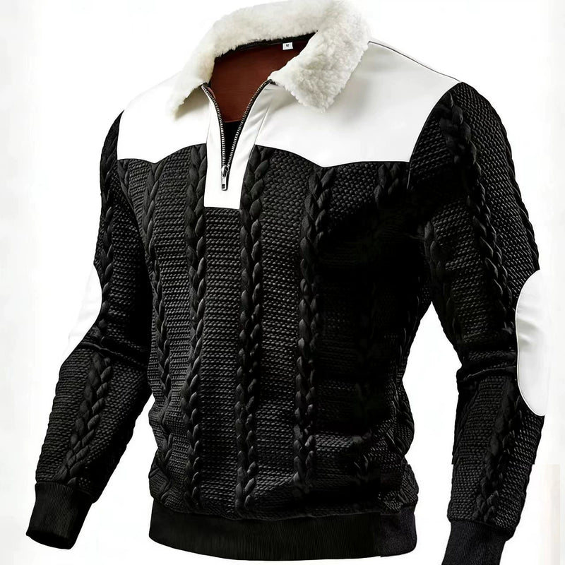 Herren-Pullover mit halbem Reißverschluss, Zopfmuster und Kontrastfarben