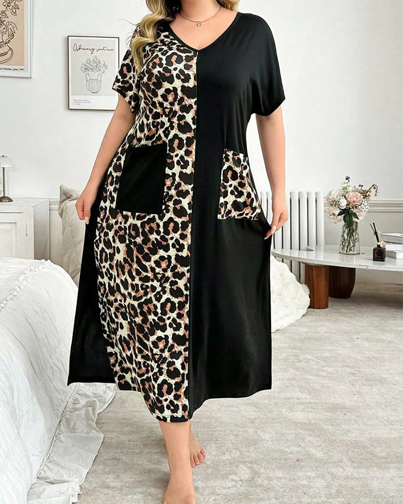 Kuschelwohl Maxikleid in großen Größen – Leo-Print, V-Ausschnitt