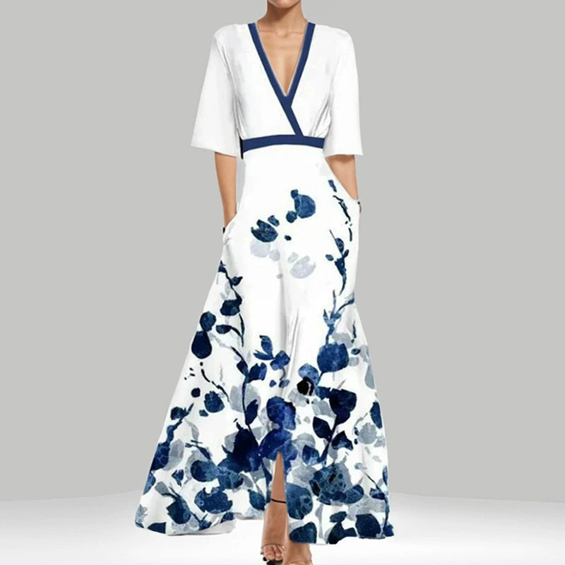 Kuschelwohl 2026 Frühlingskleid – Elegantes V-Ausschnitt Kleid mit Print, Bindegürtel & weitem Rock (Jetzt im Angebot)