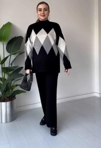 🖤🧶 Kuschelwohl Damen Strick-Set mit Argyle – Oversize Pullover + weite Hose | weich, warm & figurschmeichelnd