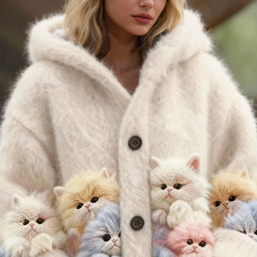 (Neuheit) Kuschelwohl™ Plüsch-Umhang mit 3D-Katzenmotiv & Kapuze – 🎄 Exklusiver Weihnachts-Deal