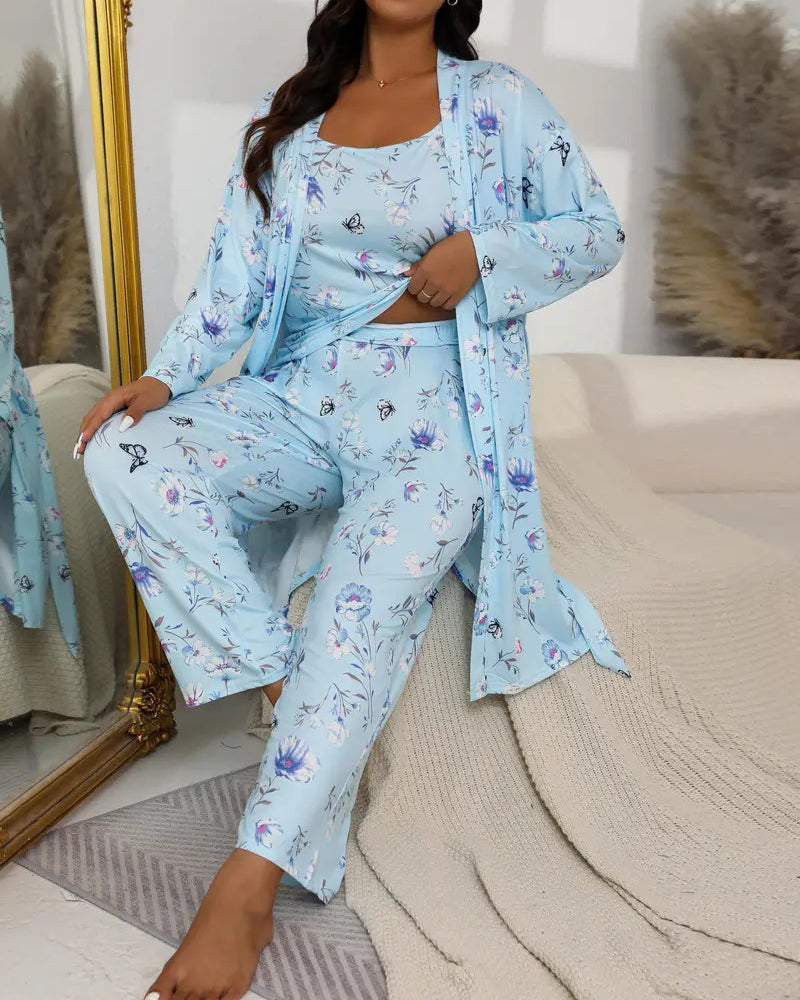 Bequemes 3-teiliges Pyjama-Set – Bademantel, Spaghettiträger-Top und lange Hose
