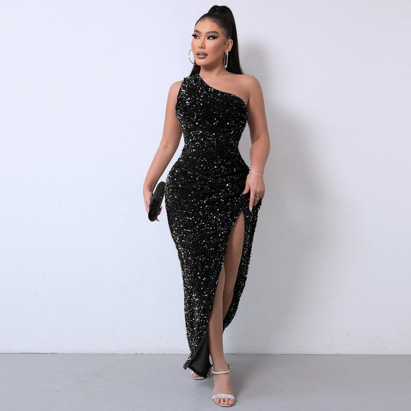 Robe à sequins asymétrique à fente haute et scintillante 💃 | Soldes Black Friday et Noël – Jusqu'à 50 % de réduction ! Sans frais cachés !