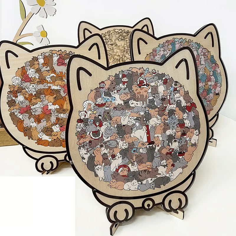 🎁Vente de Noël : 50 % de réduction🎅 Puzzle en bois de 5 pièces aux couleurs de Morandi, en forme de chat 