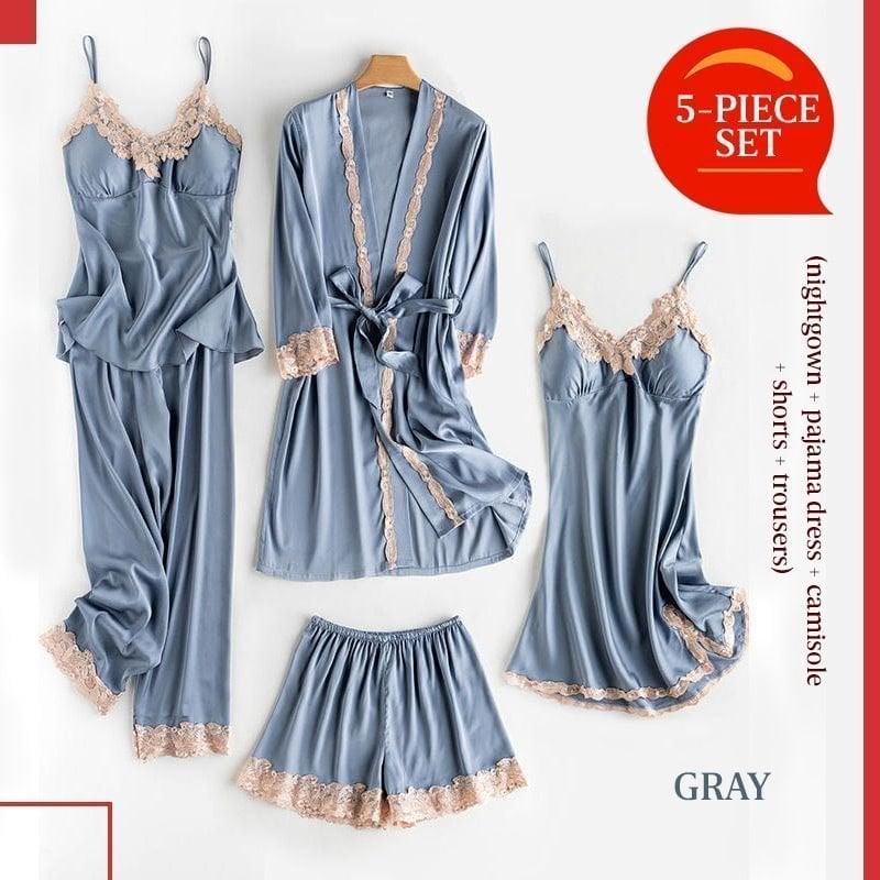 Kuschelwohl™ Eisseide-Schlafanzug Set mit Spitze (2- oder 5-teilig) – Sexy & Bequem 🎁 Weihnachts-Sale