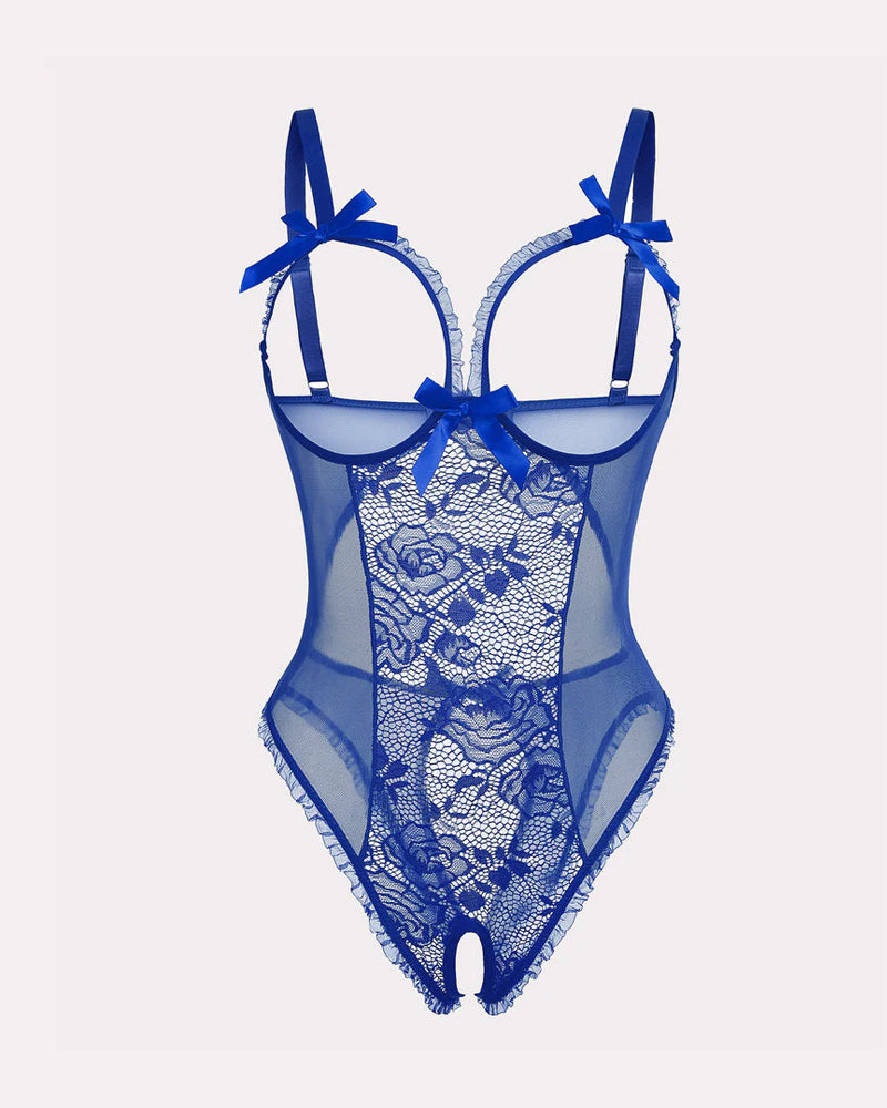 Sexy Einteiler-Pyjama mit Blumenmuster, Netzstickerei am Dekolleté und offenem Schritt