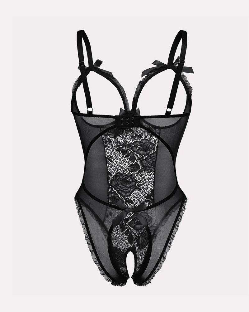 Sexy Einteiler-Pyjama mit Blumenmuster, Netzstickerei am Dekolleté und offenem Schritt