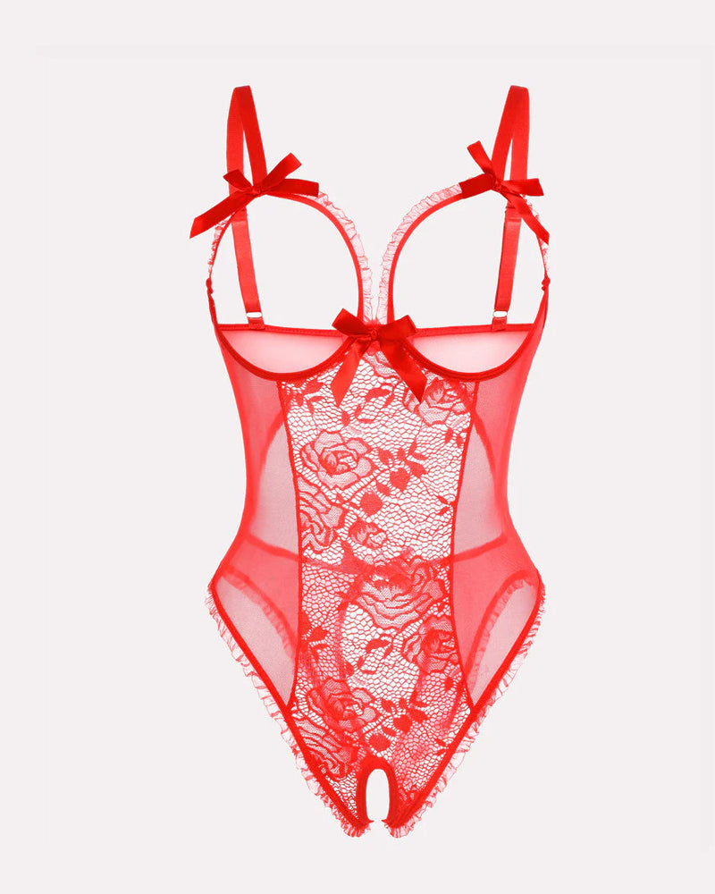 Sexy Einteiler-Pyjama mit Blumenmuster, Netzstickerei am Dekolleté und offenem Schritt